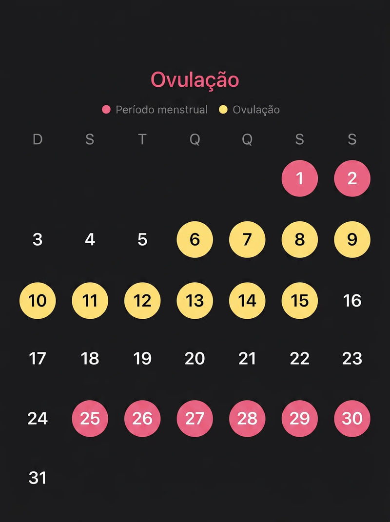 Tela do app com o calendário do ciclo